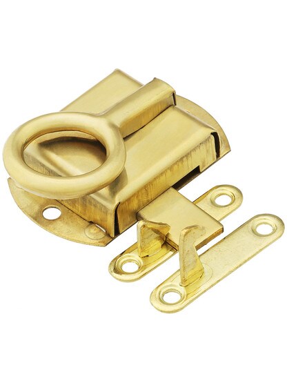 Solid Brass Hoosier Left-Hand Cabinet Latch in Un-Lacquered Brass.